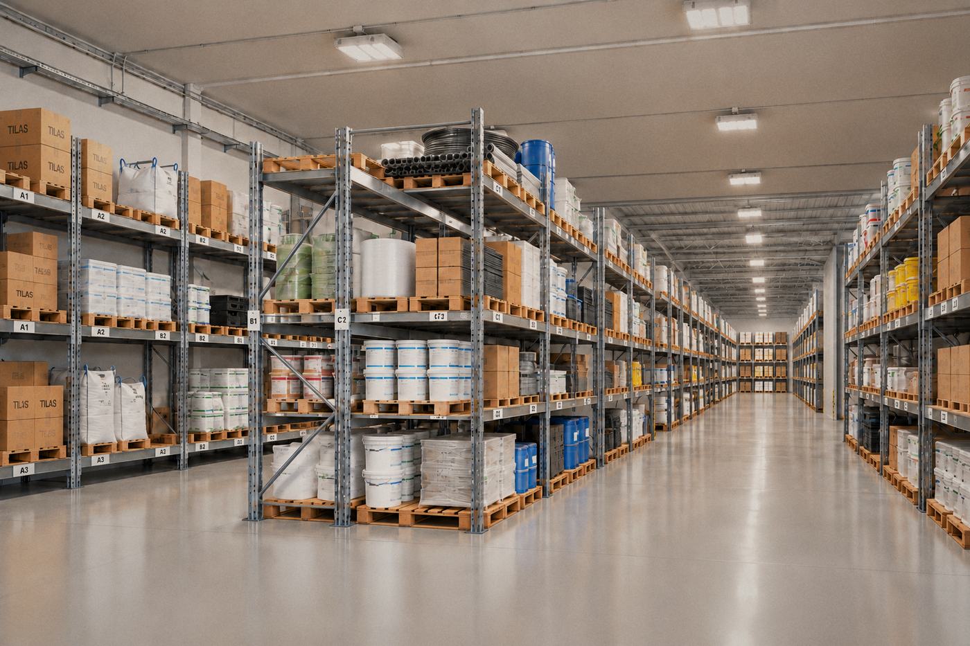 Magazzino Tilas: prodotti finiti su bancali pronti per la spedizione